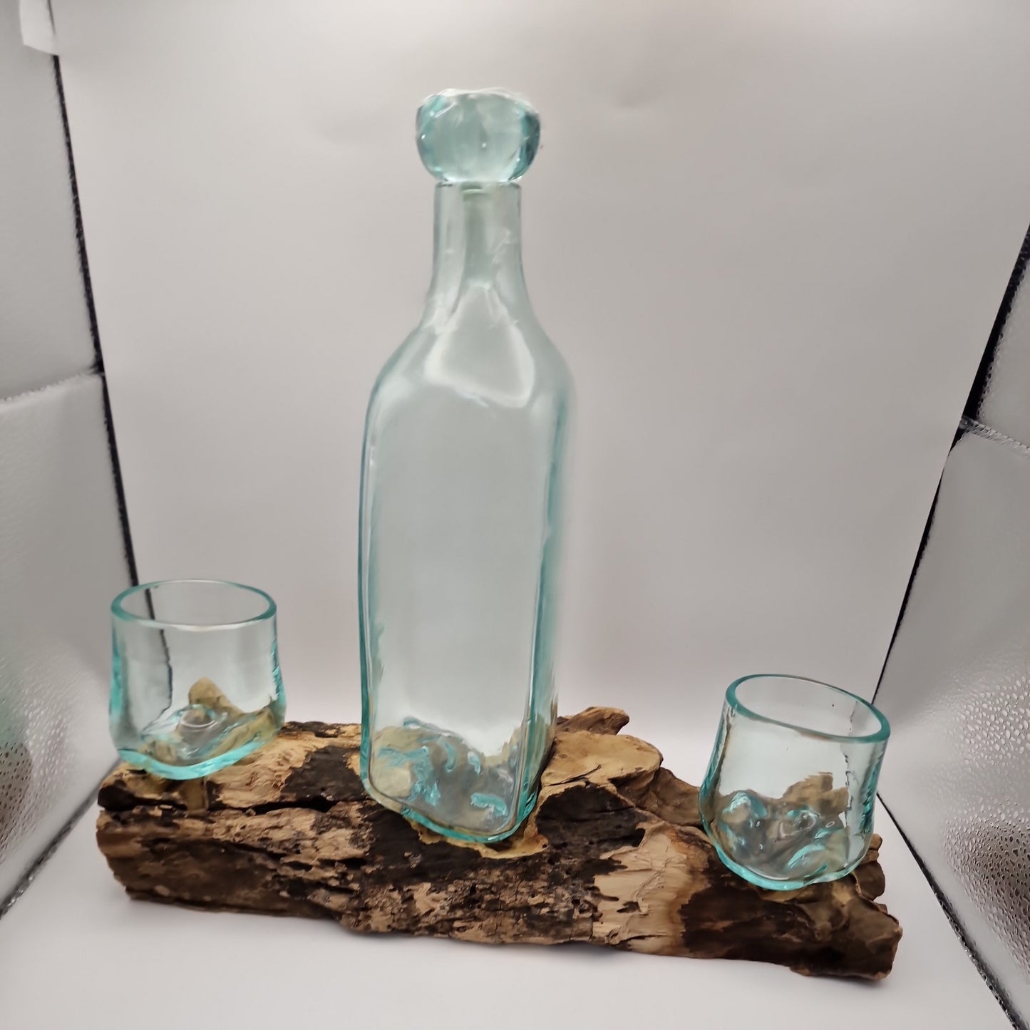 whisky rum brandy decanter and 2 glasses Moulton on driftwood