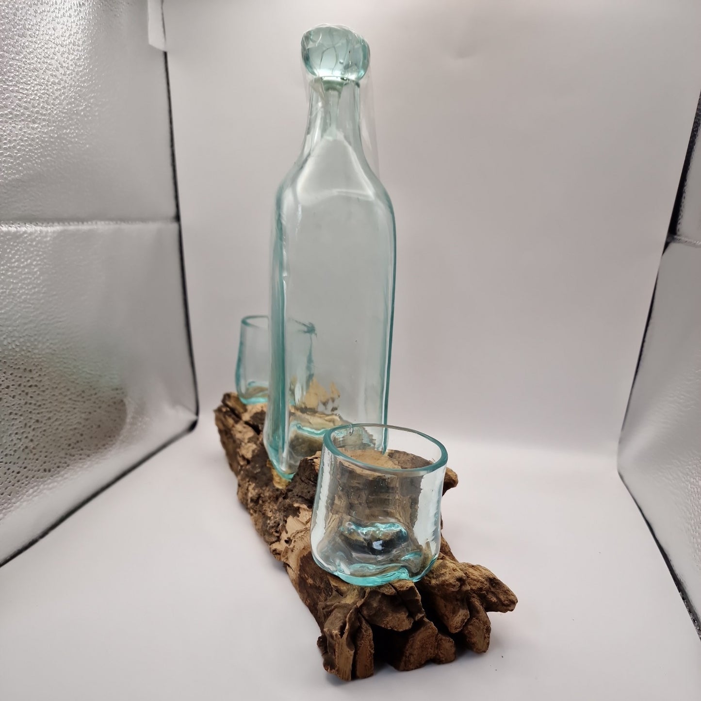 whisky rum brandy decanter and 2 glasses Moulton on driftwood