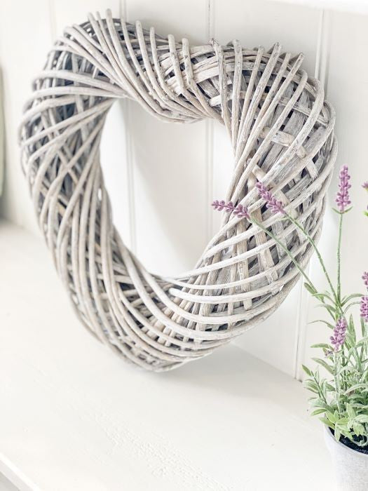 Rustic Grey Wicker Heart 40cm Shabby Chic