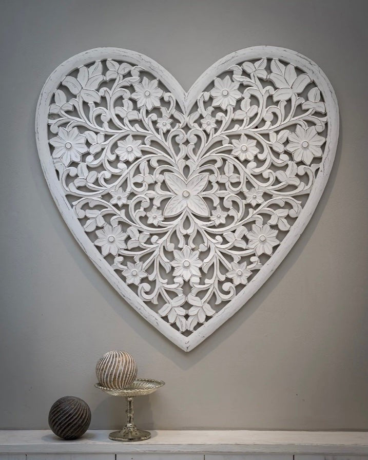 Large Distressed Wooden Carved Heart Panel Wall Hanging Shabby Chic Stunning!