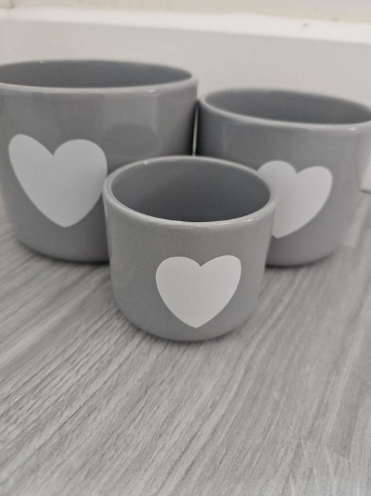 Set Of 3 Gray Ceramic Pots With White Hearts