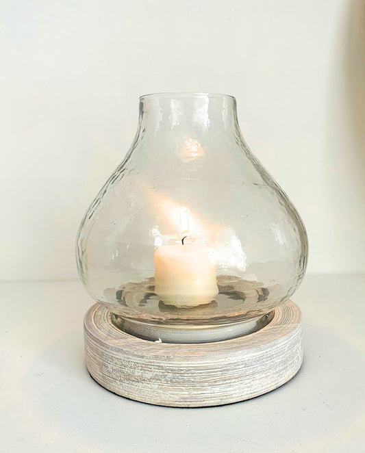Hurricane Lamp with a Mango Wood Base, Distressed Shabby Chic Style