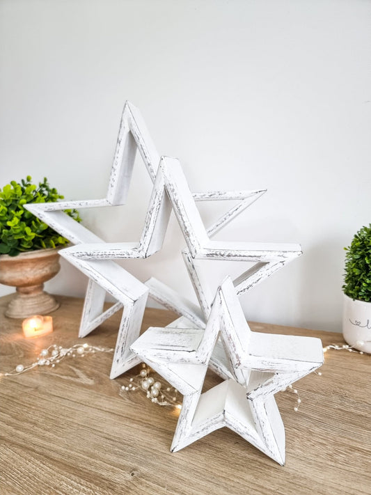 Set Of 3 Shabby Chic Wooden Stars Rustic Whitewash