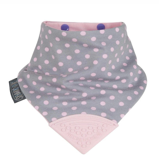 Cheeky Chompers Neckerchew Teething Dribble Bib, grey with pink spots