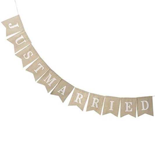 Just Married White Linen Beige Wedding Hanging Fabric Decoration Bunting Garland