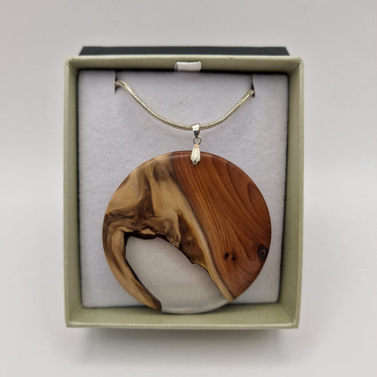 Hand Turned Yew And Resin Pendent On A Sterling Silver 20" Snake Chain