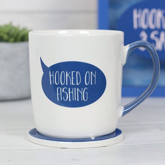 Hooked On Fishinh Ceramic Mug & Coaster Set great father's day or birthday gift