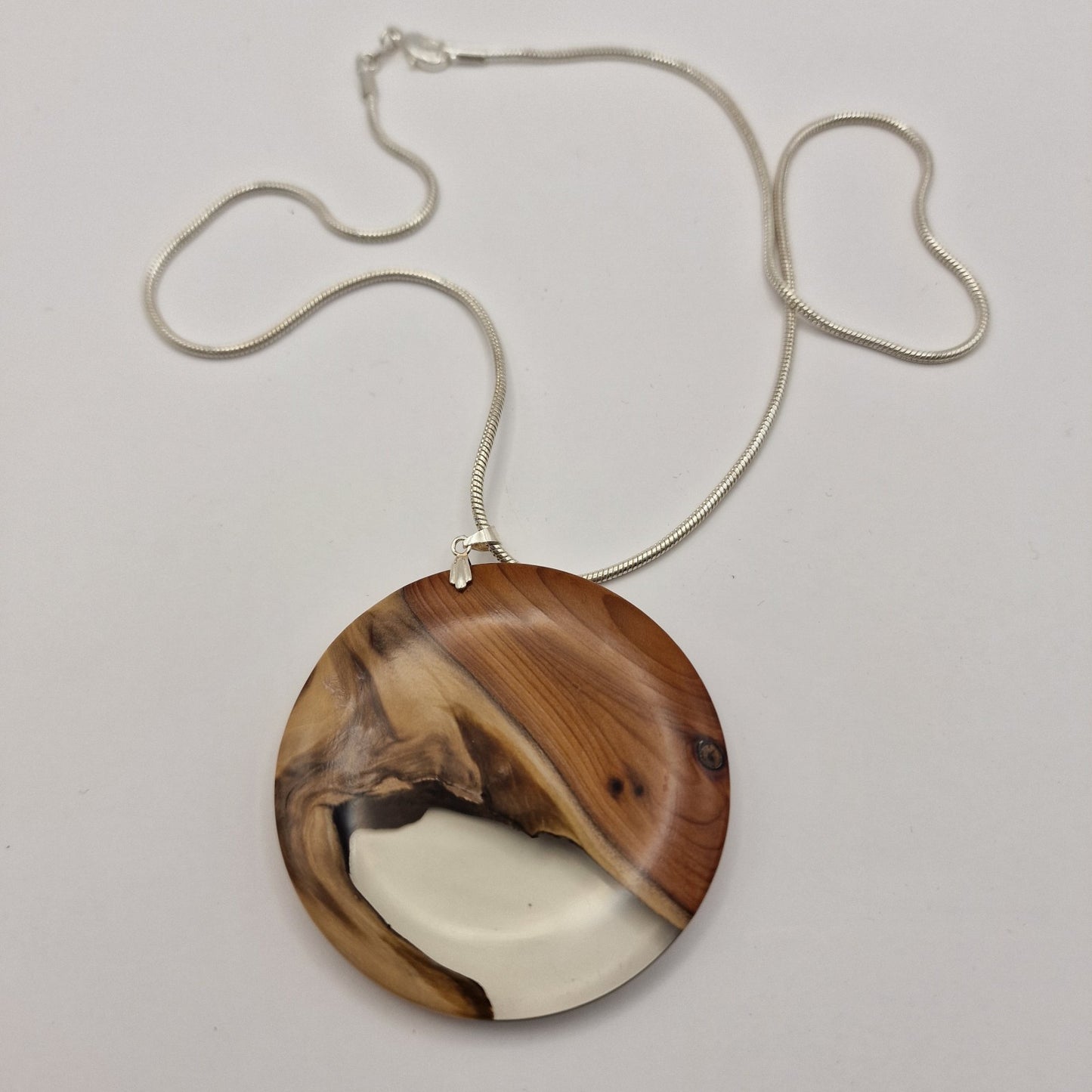 Hand Turned Yew And Resin Pendent On A Sterling Silver 20" Snake Chain