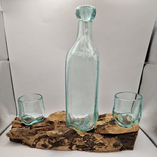 whisky rum brandy decanter and 2 glasses Moulton on driftwood