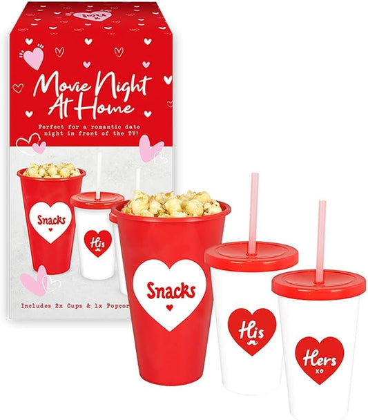 Movie Night At Home Set Popcorn Holder & 2 Cold Cups with Straws