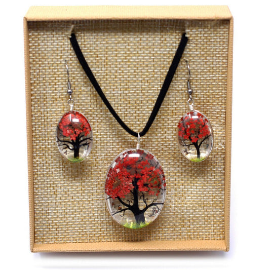 Real Pressed Flower Tree Of Life Necklace And Earring Set - Gift Boxed - Pendant