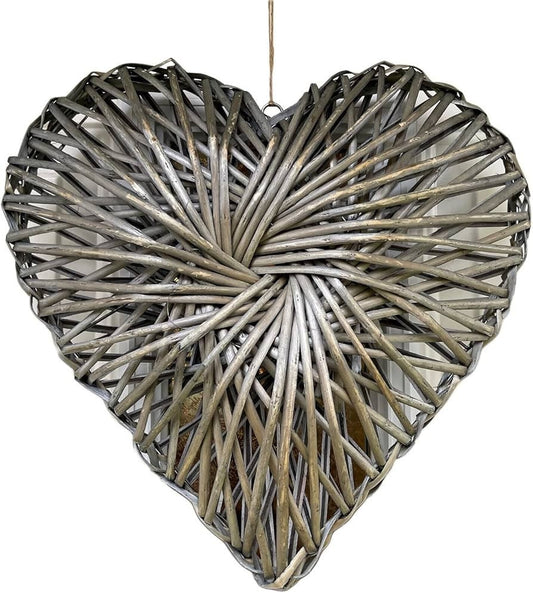 Rustic Grey Wicker Heart 30cm Shabby Chic