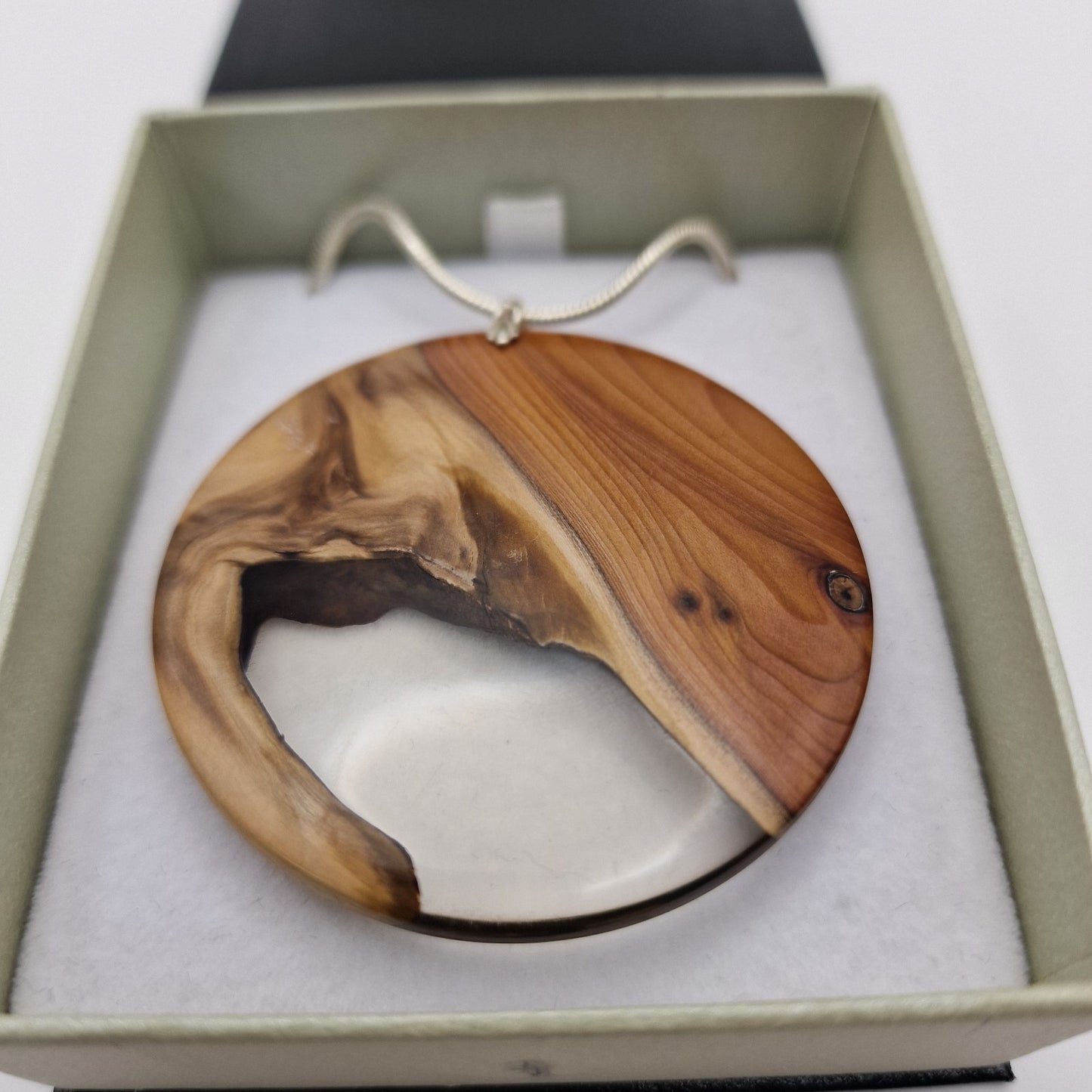 Hand Turned Yew And Resin Pendent On A Sterling Silver 20" Snake Chain
