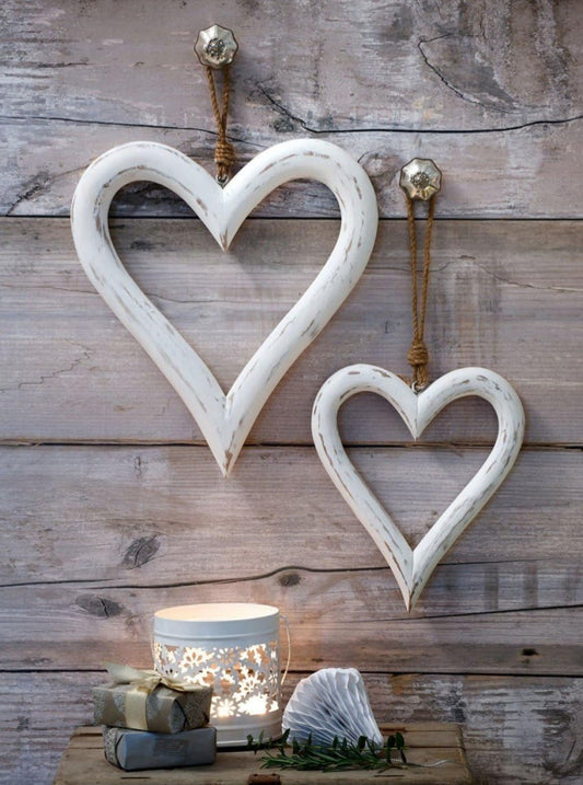 Set of 2 Large shabby chic Rustic White Washed Wooden Hanging Hearts