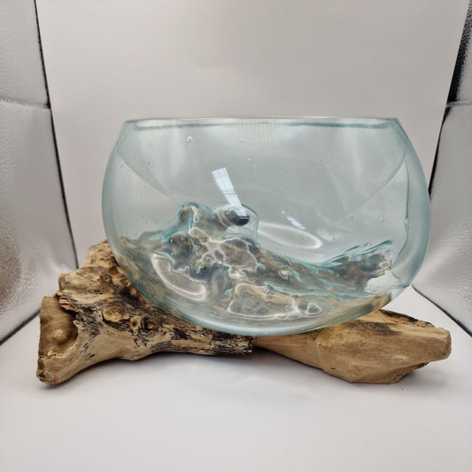 large glass bowl Moulton on driftwood