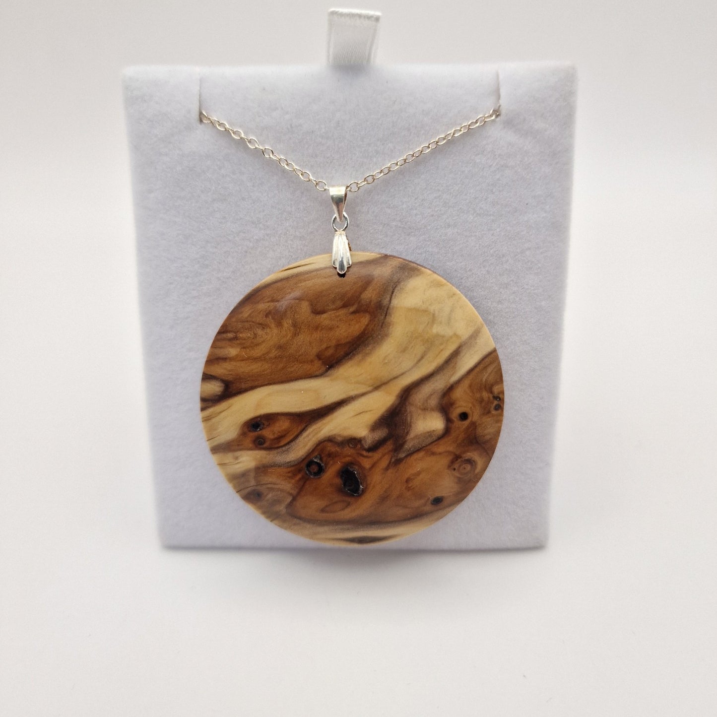 Hand Turned burr Yew Pendent On A Sterling Silver 18" fine Chain