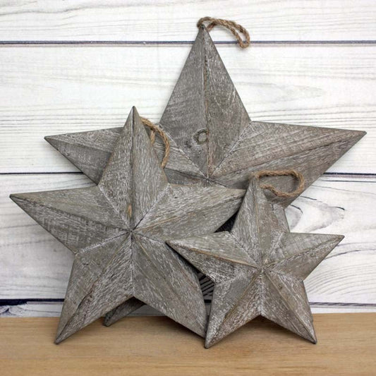 Set Of 3 Rustic Grey Hanging Stars Shabby Chic