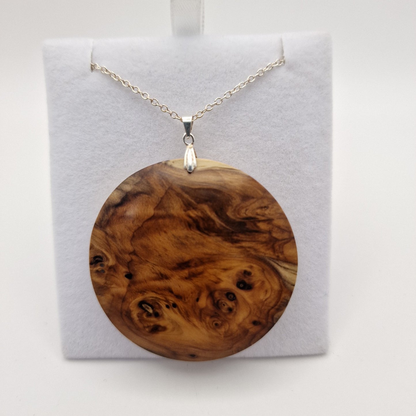 Hand Turned burr Yew Pendent On A Sterling Silver 18" fine Chain