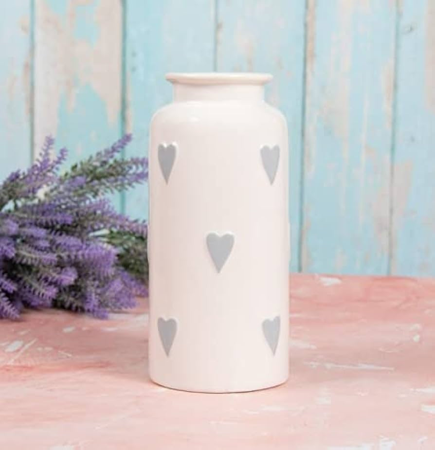 White Ceramic Vase with Grey Hearts Design Flower Dried Flower Storage Pot Jar