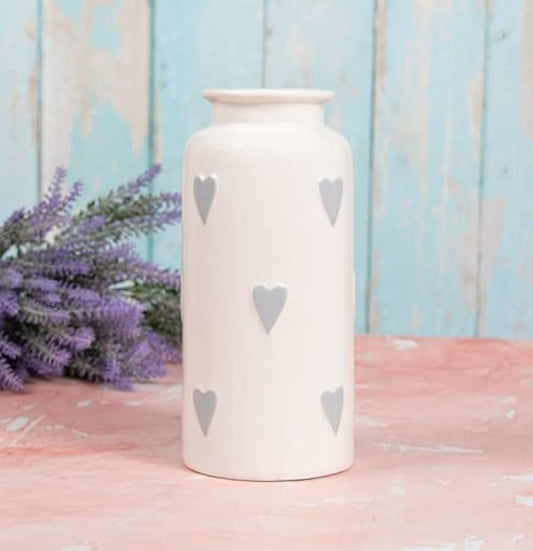White Ceramic Vase with Grey Hearts Design Flower Dried Flower Storage Pot Jar