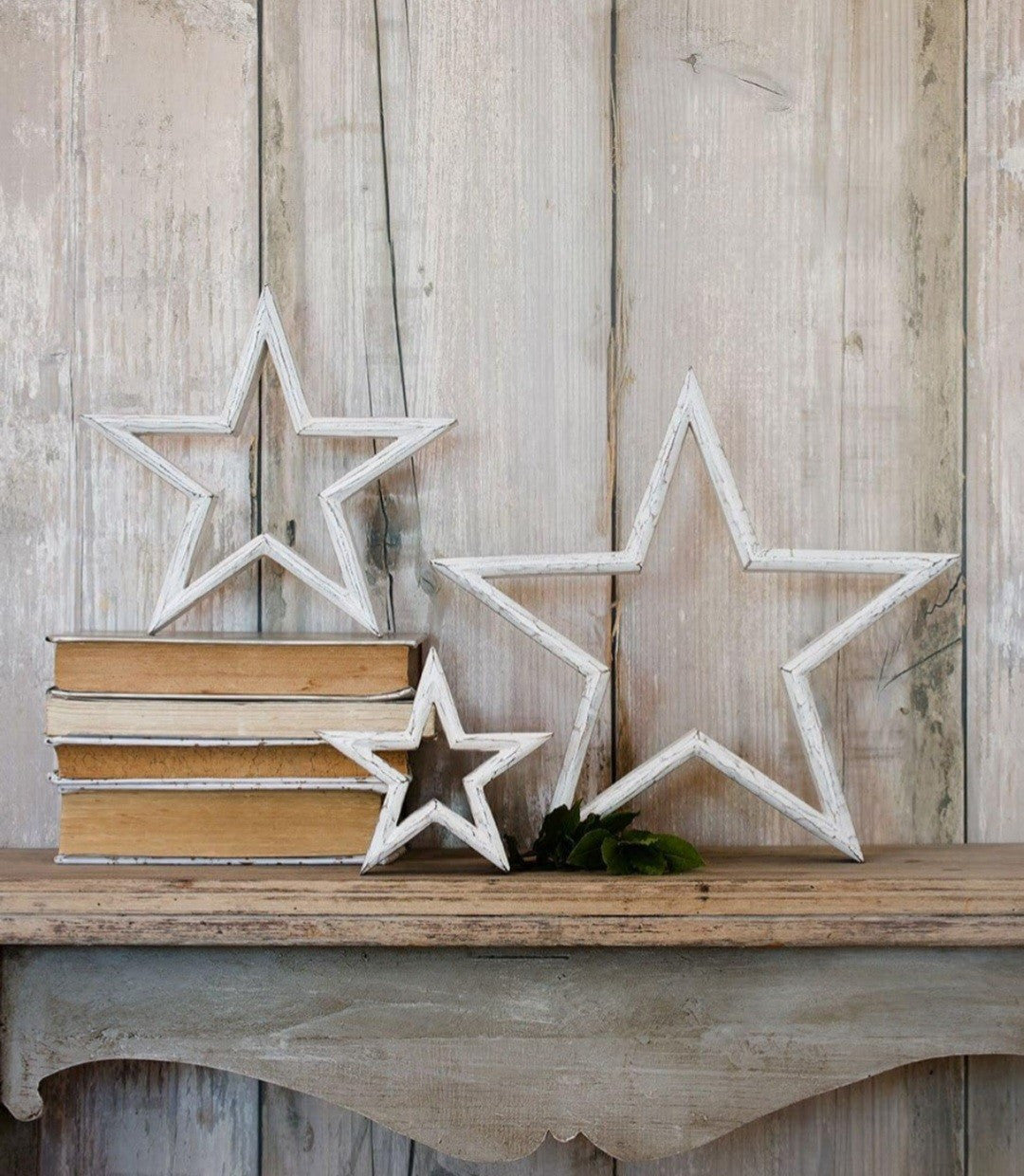 Set Of 3 Shabby Chic Wooden Stars Rustic Whitewash