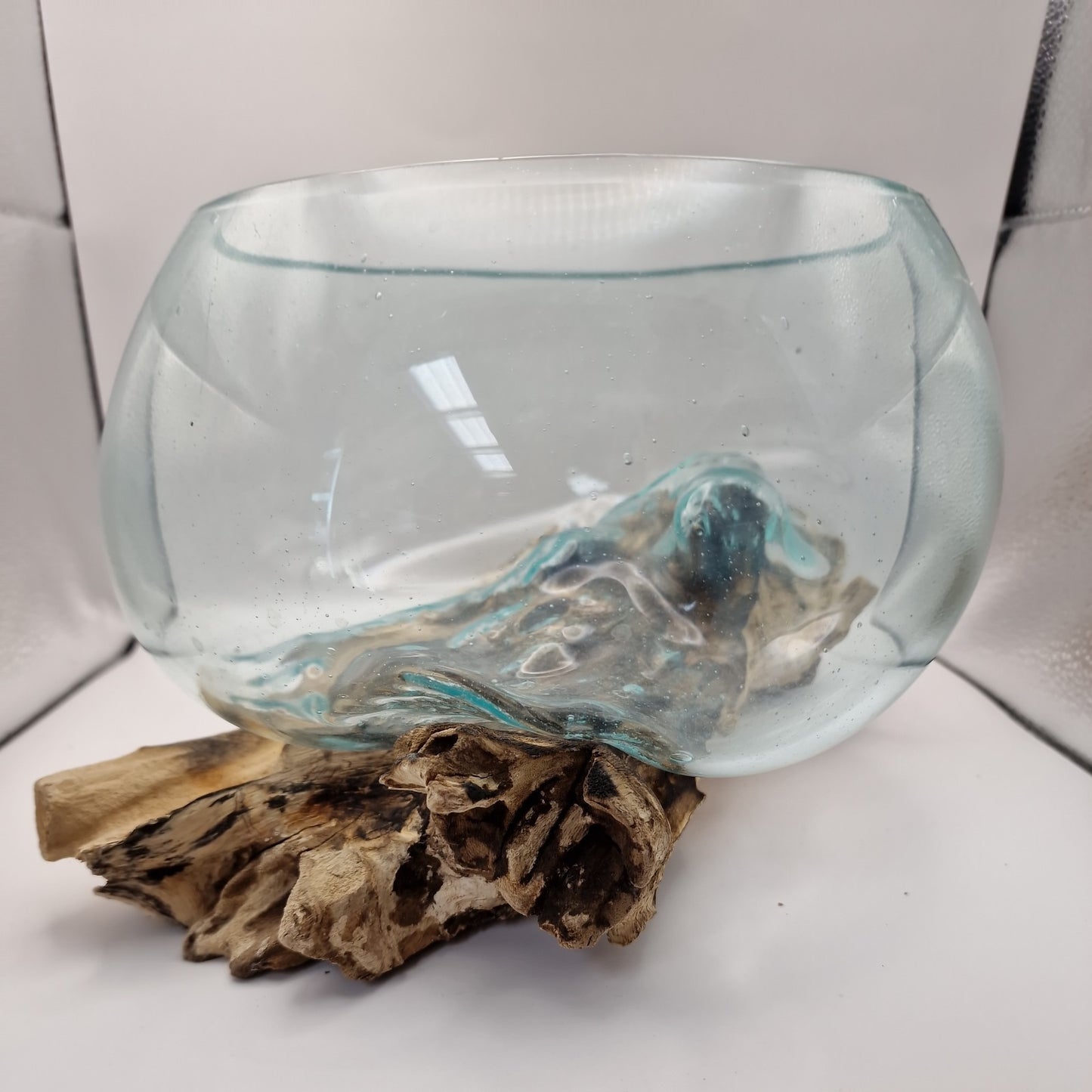 large glass bowl Moulton on driftwood