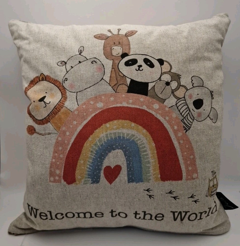 Welcome To The World Nursery Cushion Animals Rainbow Birth Gift New Baby