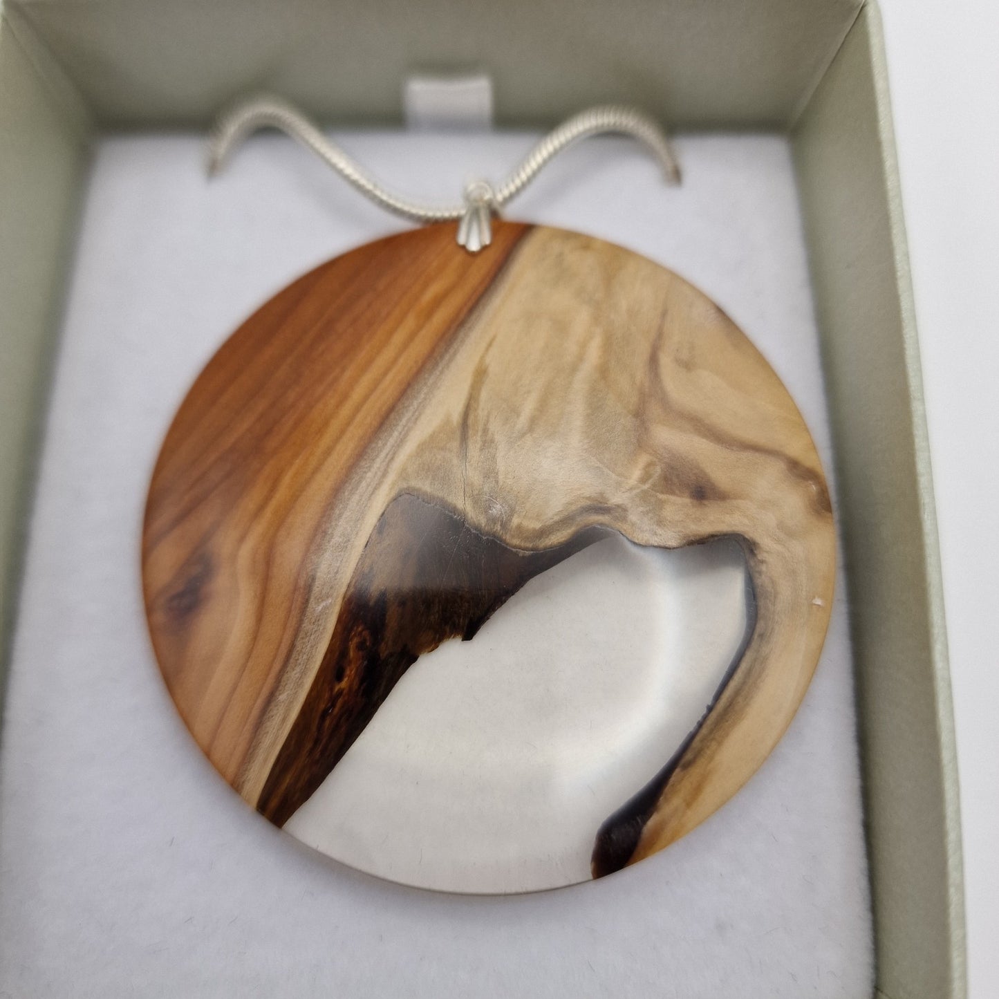 Hand Turned Yew And Resin Pendent On A Sterling Silver 20" Snake Chain