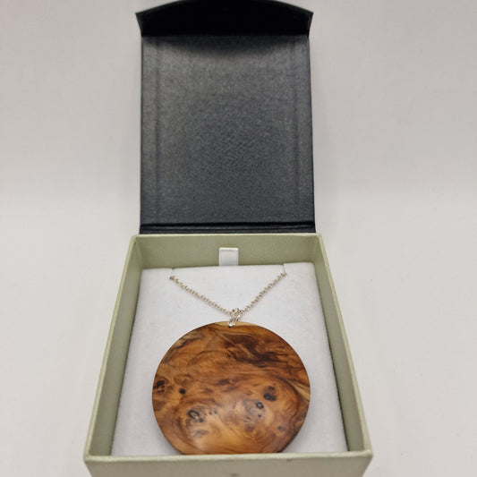Hand Turned burr Yew Pendent On A Sterling Silver 18" fine Chain