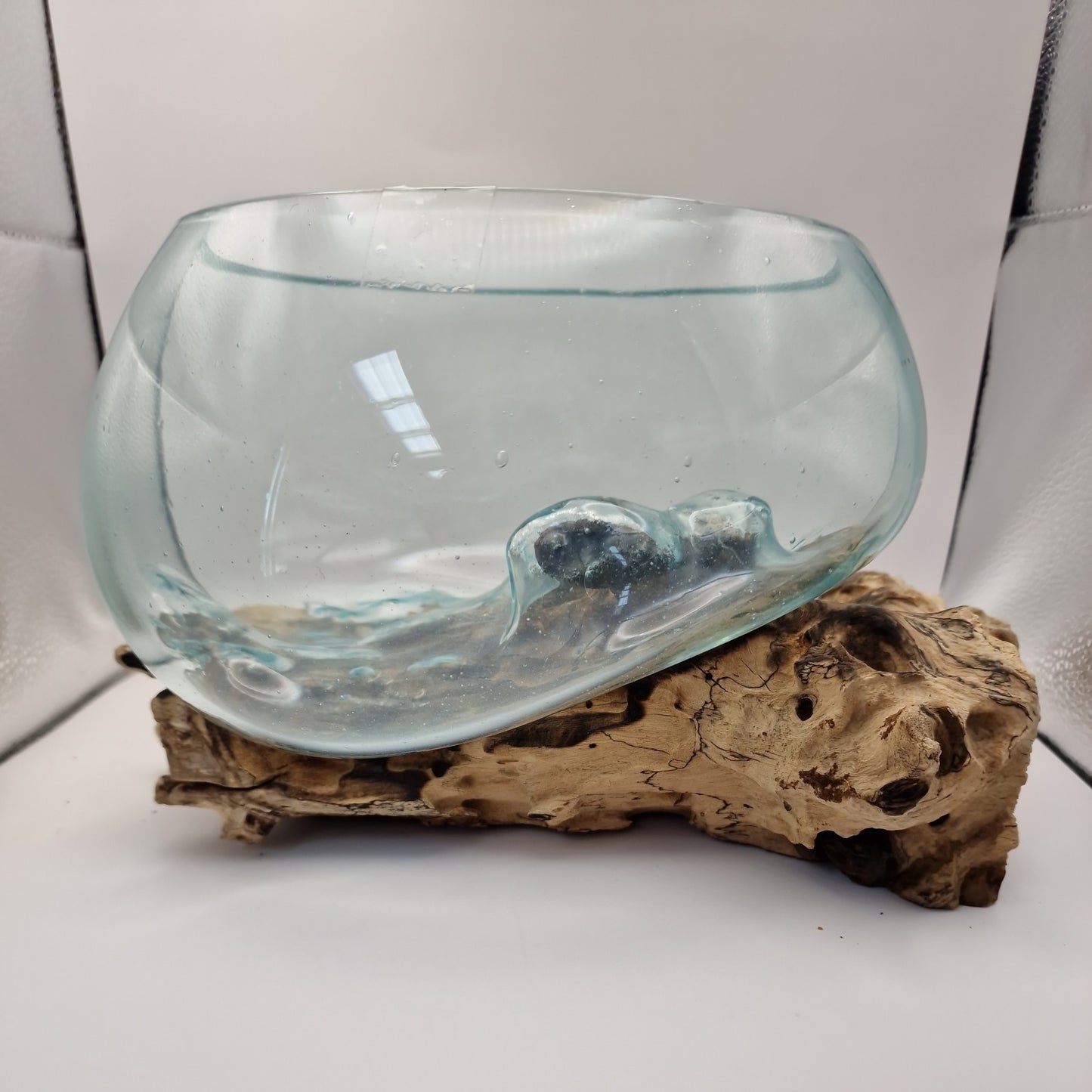 large glass bowl Moulton on driftwood