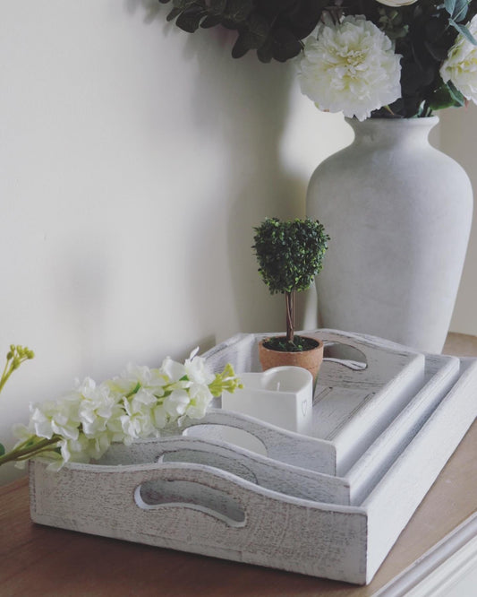Set Of 3 White Serving Trays Rustic Rectangle Small Medium Large Wooden
