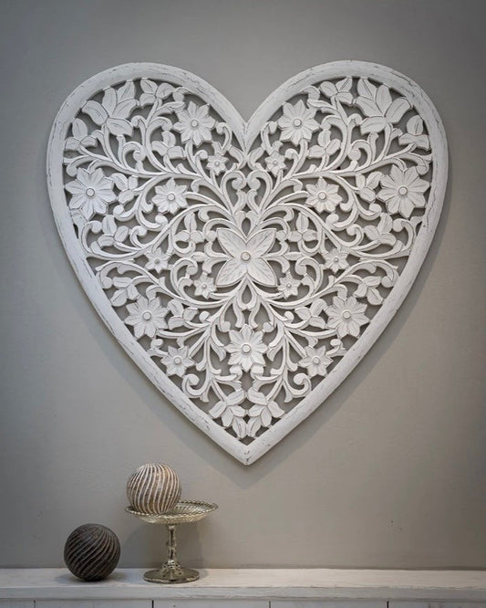 Large Distressed Wooden Carved Heart Panel Wall Hanging Shabby Chic Stunning!