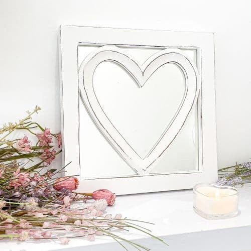Shabby Chic Beautiful White Heart Inlay Natural Mango Wood Square Wall Mirror