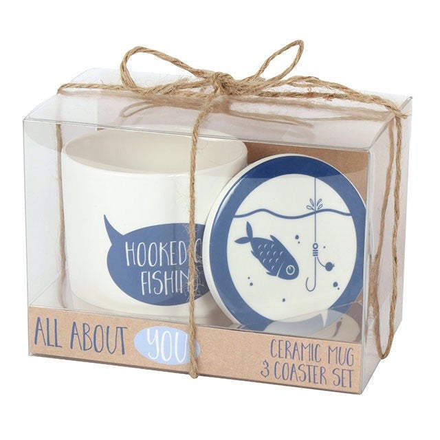 Hooked On Fishinh Ceramic Mug & Coaster Set great father's day or birthday gift