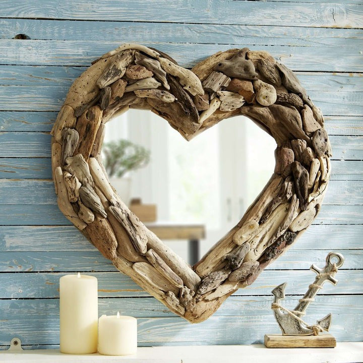 Driftwood Heart Mirror 38cm Shabby Chic Coastal Beach